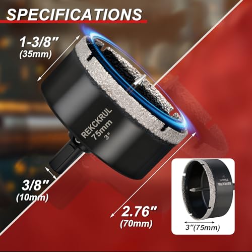Image of 3 Inch Diamond Hole Saw with Pilot Drill Bit 1PCS | Premium Tile Hole Saws Porcelain, Ceramic, Granite, Marble, Glass , 1-3 /8 inch Cutting Depth, Serrated Edge Wet /Dry Use (75mm)