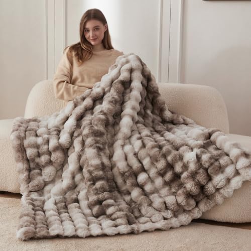 COOVA Faux Fur Throw Blanket for Couch, Cozy Soft and Fuzzy Plush Rabbit Fur Bubble Blanket for Sofa Bedroom Living Room, 50x60 Inches Tie Dye Brown - Image 3