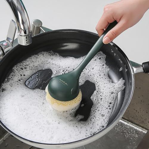 Image of Kitchen Dish Scrubber with Long Handle, Heavy Duty Scrubbing Brushes for Dishes, with Plastic Replacement for Cleaning Kitchen, Pots, Pans, Grills (Long Handle Green)