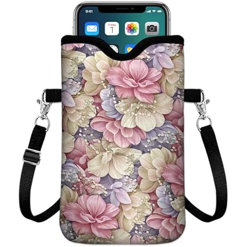 Neoprene Cell Phone Sleeve Pouch for Womem Men with 2 Pockets Inside,Shockproof Universal Phone Bag with Crossbody Strap 7.6 X 4.3 Inches Mobile Protection Case Bag-Pink Luxury Flowers Phone Pouch Cover