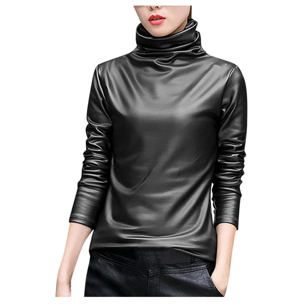 Mikey Store Women Basic Shirts Faux Leather Solid Turtleneck Long Sleeve Blouse Tops Casual
