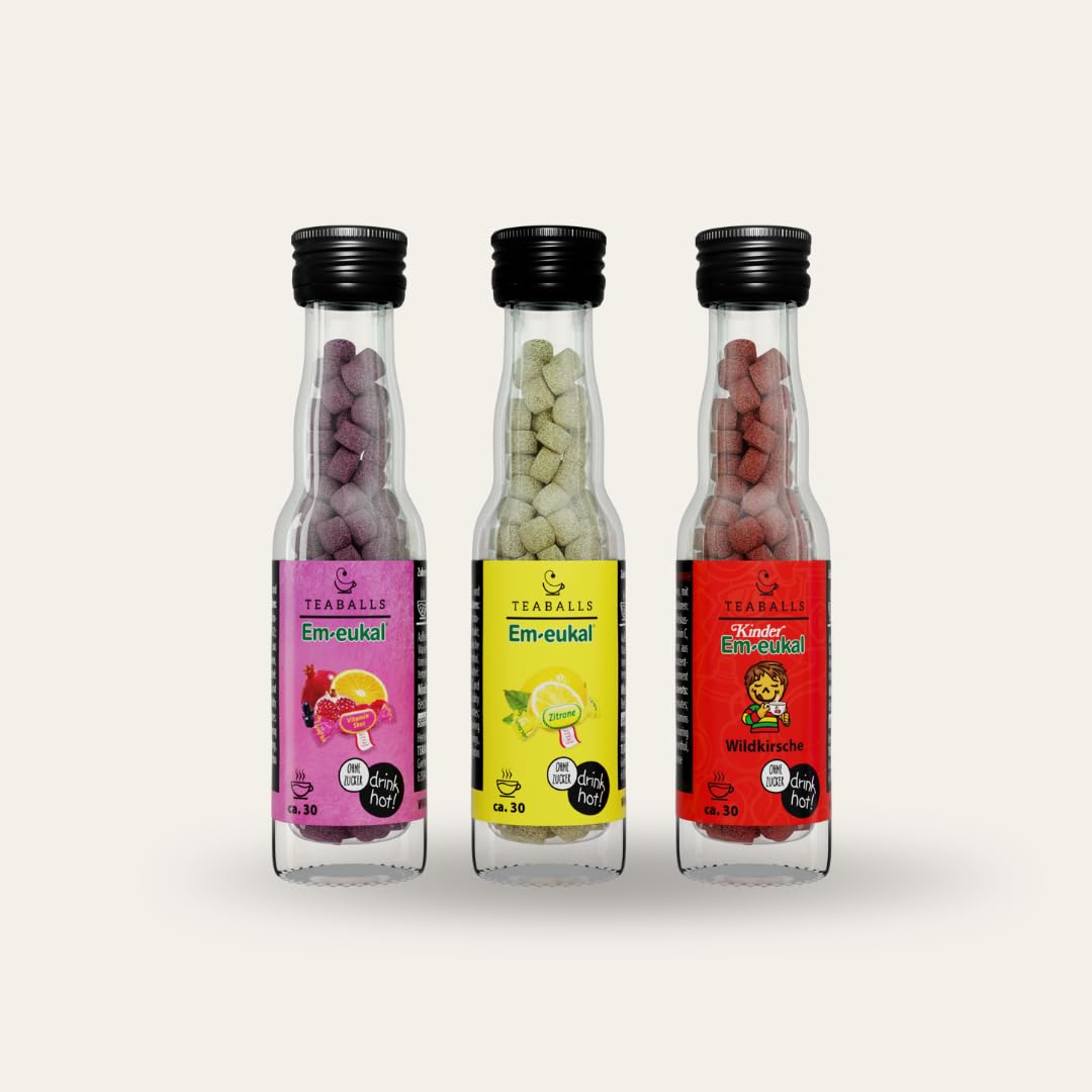 TEABALLS x Em-eukal Vitamin-Trio – Limitierte Edition – Set aus Zitrone, Vitamin Shot & Kinder Em-eukal Wildkirsche, natürliche Zutaten, zuckerfrei, 3er Set mit insg. 90 Tassen