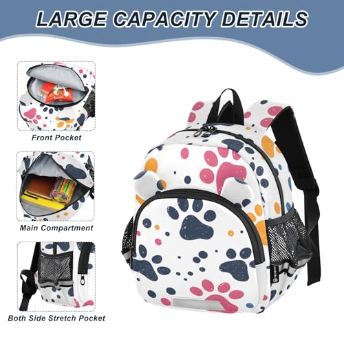 Kid's Backpack for Boys & Girls Toddler Bag Colorful Paw Print White Backpack with Safety Leash4