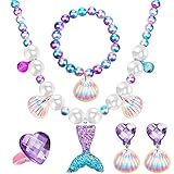 Jadive Mermaid Necklace Bracelet Set for girls Mermaid Jewelry Kit Shell Necklace Bracelet Ring Earrings for kids Mermaid Party Costume Jewelry Supplies(Purple, Cute Style)