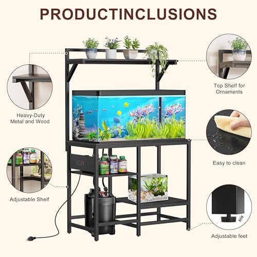 Image of 40 Gallon Fish Tank Stand, Aquarium Stand with Power Outlet, Heavy-Duty Reptile Terrarium Stand Table with Top Shelf for 40 Gal Standard /Long /High, 37.4 inch L x 19.7 inch W x 30 inch H(Black)