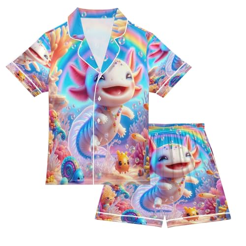 Satin Pajama Sets Short Sleeve Cute Underwater Creature Scene Button Down Silky Nightwear 2 Piece PJS 5-14Y