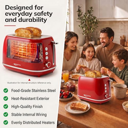 Image of 2 Slice Stainless Steel Toaster Retro with 6 Bread Shade Settings, Bagel, Cancel, Defrost Function, Extra Wide Slot, Removable Crumb Tray, Red