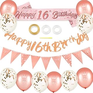 16th Birthday Decoration Kit Rose Gold Happy 16th Birthday Banner Triangle Flag Confetti Balloons Birthday Party Decoration Supplies Age 16