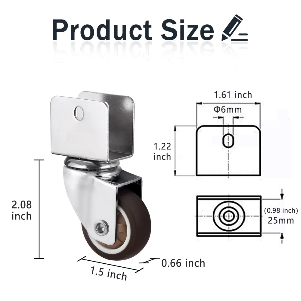 Heavy Duty U Bracket Shaped Mute Casters Wheels Set of 4 1.5inch Caster Wheels,Replacement for Baby Bed.Opening 25mm