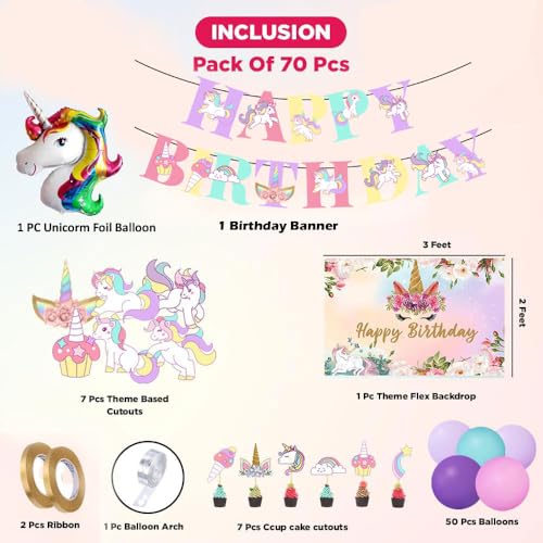 Image of pixelfox Rubber Reusable Unicorn Birthday Decoration Kit - 72 Pcs Party Supplies | Cute Cutout Balloons & Banner Combo | Magical Birthday Decor for Girls, Kids & Adults, Multicolor