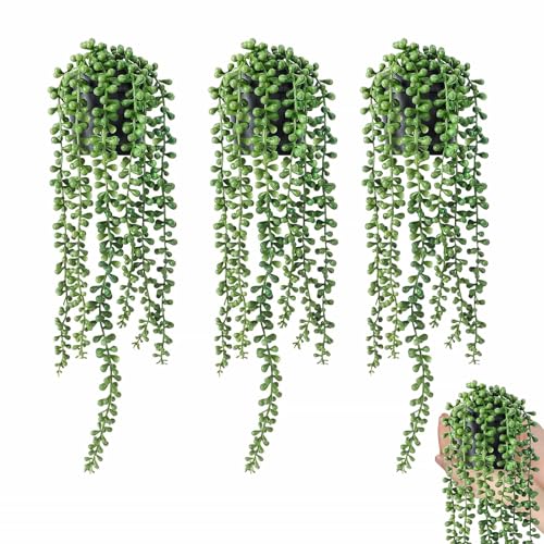 Plantas artificiales colgantes falsas, 3 piezas de perlas falsas en maceta, plantas suculentas verdes, plantas artificiales pequeñas, hiedra falsa con macetas, para el hogar, interior y exterior,