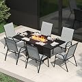 PIZZELLO 7 Pieces Patio Furniture Set w/ 62" Gas Fire Pit Table and 6 Patio Dining Chairs, Outdoor Conversation Set 50,000 BTU Aluminum Propane Fire Pit Stackable Patio Chairs Set of 6 for Backyard