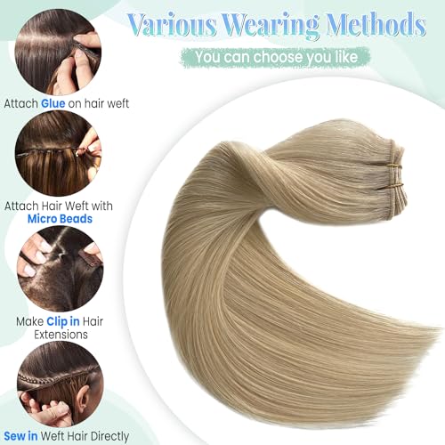 Image of Platinum Blonde Weft Hair Extensions - Real Human Hair, 12 Inch, 80G, Hand Tied Wefts Hair Extensions Human Hair Sew in Weave Weft Extensions for Women