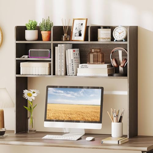 Image of Tangkula Desktop Bookshelf for Computer Up to 32 inch, 37 inch Countertop Storage Hutch with 6 Storage Shelves, 3-Tier Desktop Organizer Display Rack, Wooden Desk Hutch for Dorm Home Office (Grey,6 Shelves)
