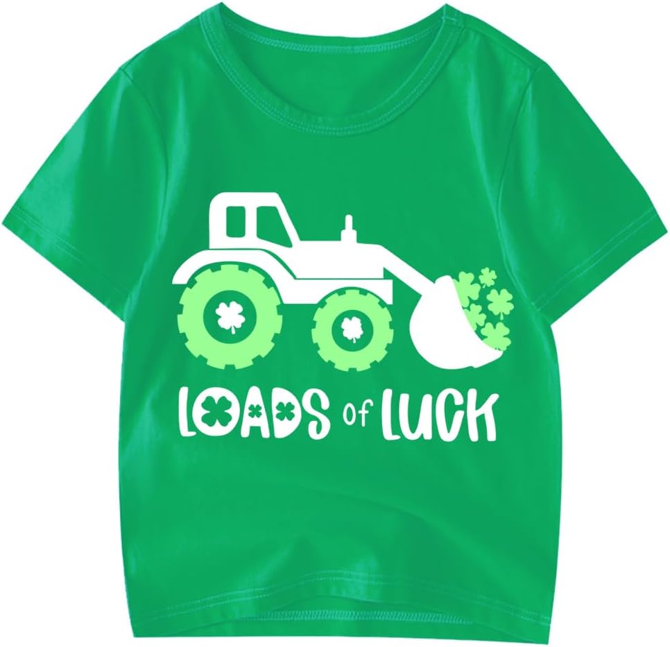 Kids St Patricks Day Shirt Boys Girls Irish Shamrock Clover Lucky Tractor Graphic Tees Toddler Short Sleeve T-Shirt Top Green