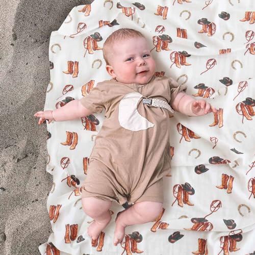 Image of LifeTree Muslin Swaddle Blankets, Western Baby Swaddles for Boys Girls Newborn, Soft Large 47 inch x 47 inch, Cowboy Boot Print Baby Blanket, 70% Viscose from Bamboo and 30% Cotton