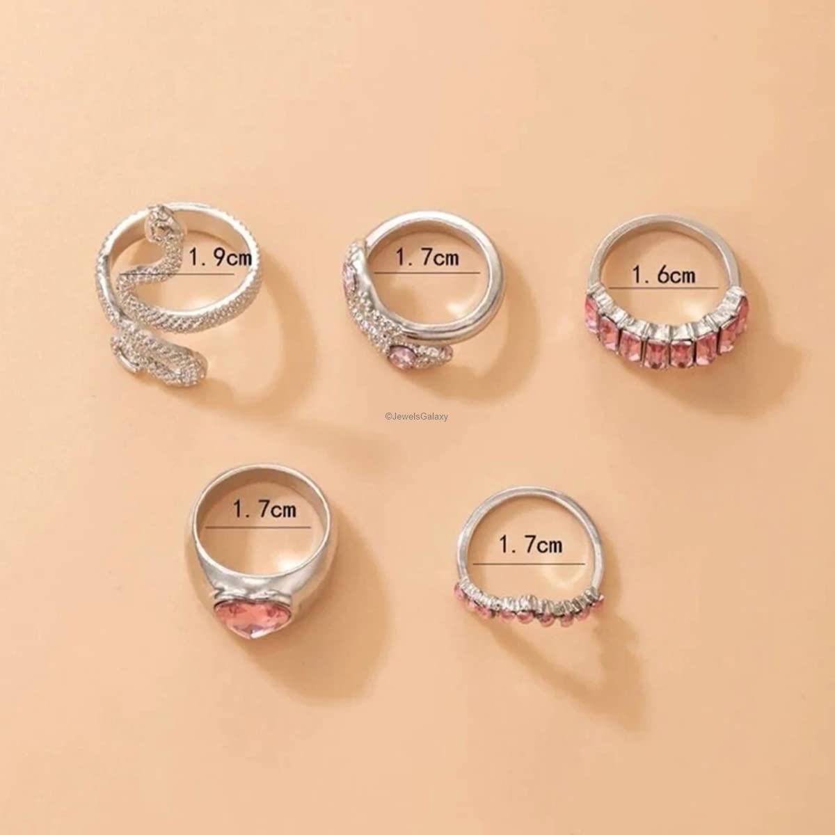 5-Piece Pink Stone Heart-Snake Stackable Rings Set