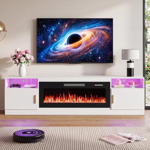 Image of Waleaf 80 inch Fireplace TV Stand with 40 inch Electric Fireplace,20 Colors LED Lights Entertainment Center for Living Room,Large High Gloss TV Console Cabinet for Televisions up to 90+ Inch