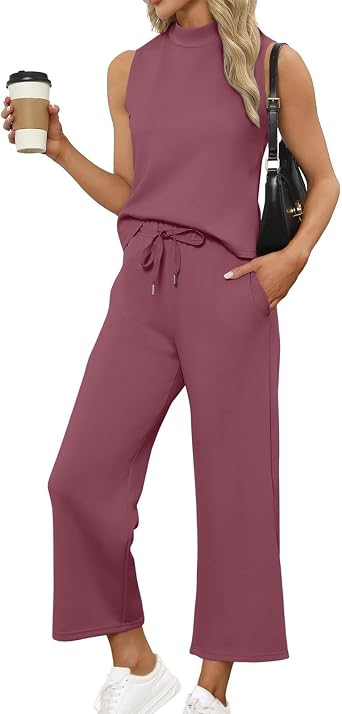 2 Piece Sets for Women Summer Vacation Outfits Sleeveless Mock Neck Tops Casual Wide Leg Pants Lounge Matching Set