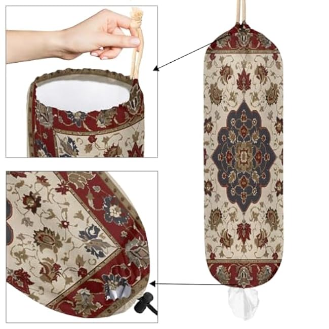 Classic Persian Elegance Plastic Bag Holder Grocery Bag Storage Dispenser Wall Mount Washable Reusable Trash Garbage Bag Organizer for Home Kitchen Camper