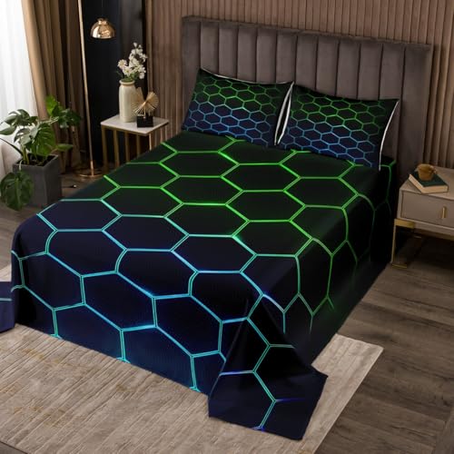 Castle Fairy Geometric Honeycomb Bedding Set Queen Size,Neon Green Blue Bedspread 3Pcs for Kids Boys Teens Room Decor,Glowing Hexagon Comforter Set Modern Fashion Quilt Coverlet,2 Pillowcases