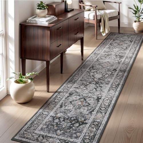 AMOAMI-2X10 Runner Rug-Washable Runners for Hallways-Soft Non Slip Bedside Rugs for Bedroom-Vintage Long Rug for Hallways Entryway Laundry Room Stair Kitchen Bathroom Dark Grey & Black Black