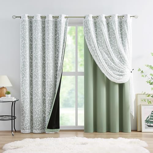 Image of Mix Matched Green Full Blackout & Sheer Leaf Lace Curtains 52 inchWx95L 6Panels | White Lace Sheer Leaf & Green Blackout Combo Set, 2 Blackout+2 Sheer Panels, 4-Piece Set, Mix and Match Style Grommet Top