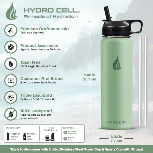 Image of HYDRO CELL Stainless Steel Insulated Water Bottle with Straw - For Cold & Hot Drinks - Metal Vacuum Flask with Screw Cap and Modern Leakproof Sport Thermos for Adults (Sage 24oz)