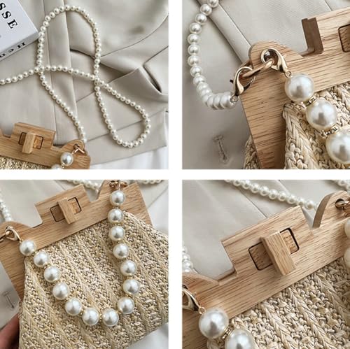 Women’s Straw Shoulder Bag Woven Beach Top Handle Handbag Purse Stylish Pearl Crossbody Bag for Summer Travel3