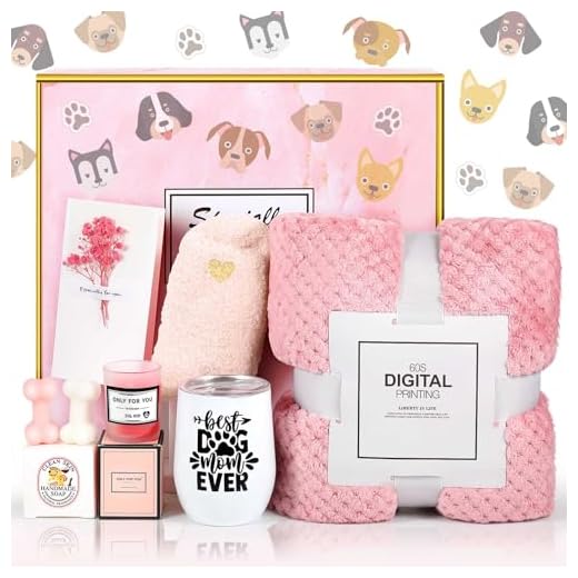 FillTouch Melhor conjunto de presentes de mãe de cachorro para mulheres, presentes para amantes de cães, cesta com cobertor, meias, vela perfumada, cartão de sabonete, para mulheres, aniversário, ela