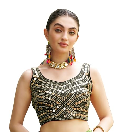 Image of Pujia Mills Women's Embroidery Work Real Mirror Sleeveless Readymade Blouse