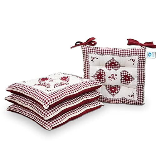 Shabby - 2 Coussin galette de chaise rembourré, motif tyrolien rustique à cœurs, produit de haute qualité SET 2 CUSCINI rouge