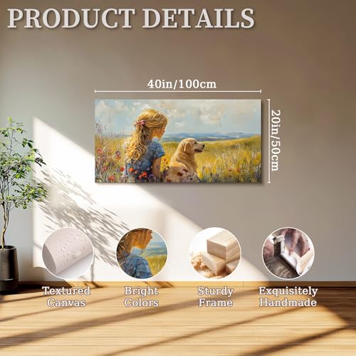 SERIMINO Portrait Landscape Wall Art, Lady and Dog Large Wall Decor, Animal Golden Retriever Cute Canvas Prints, Meadow Wildflowers Rustic House Decorations Living Room Bedroom Bathroom 20"X40"