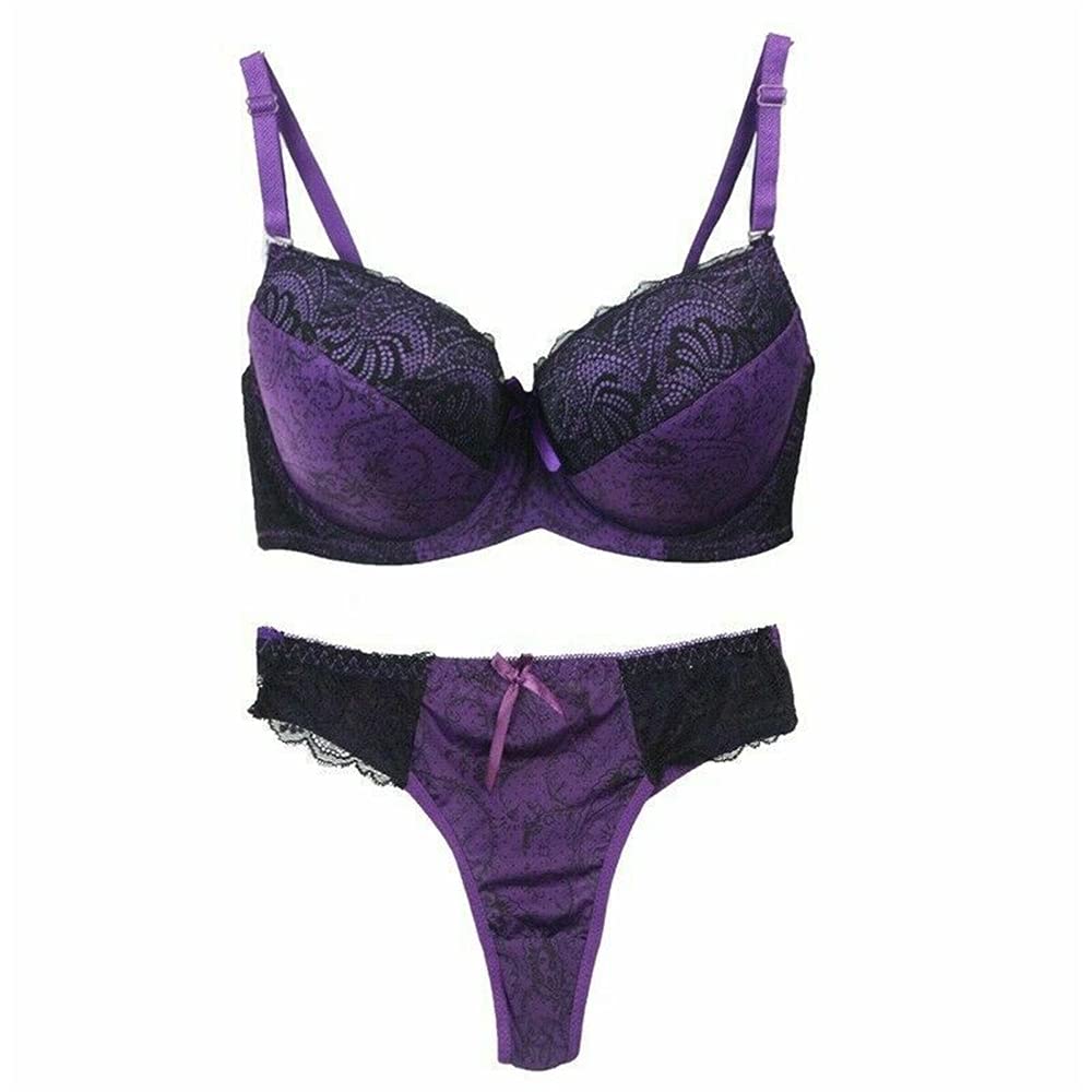 GANGCHENG Ladies Underwear Padded Underwire Plunge Bra Panties Lingerie Thong Set 36DD Purple