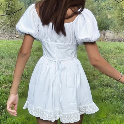Image of Women Y2k Puff Sleeve Babydoll Dresses Square Neck Tie Back Mini Dress Summer Solid Off Shoulder Flowy Sundress