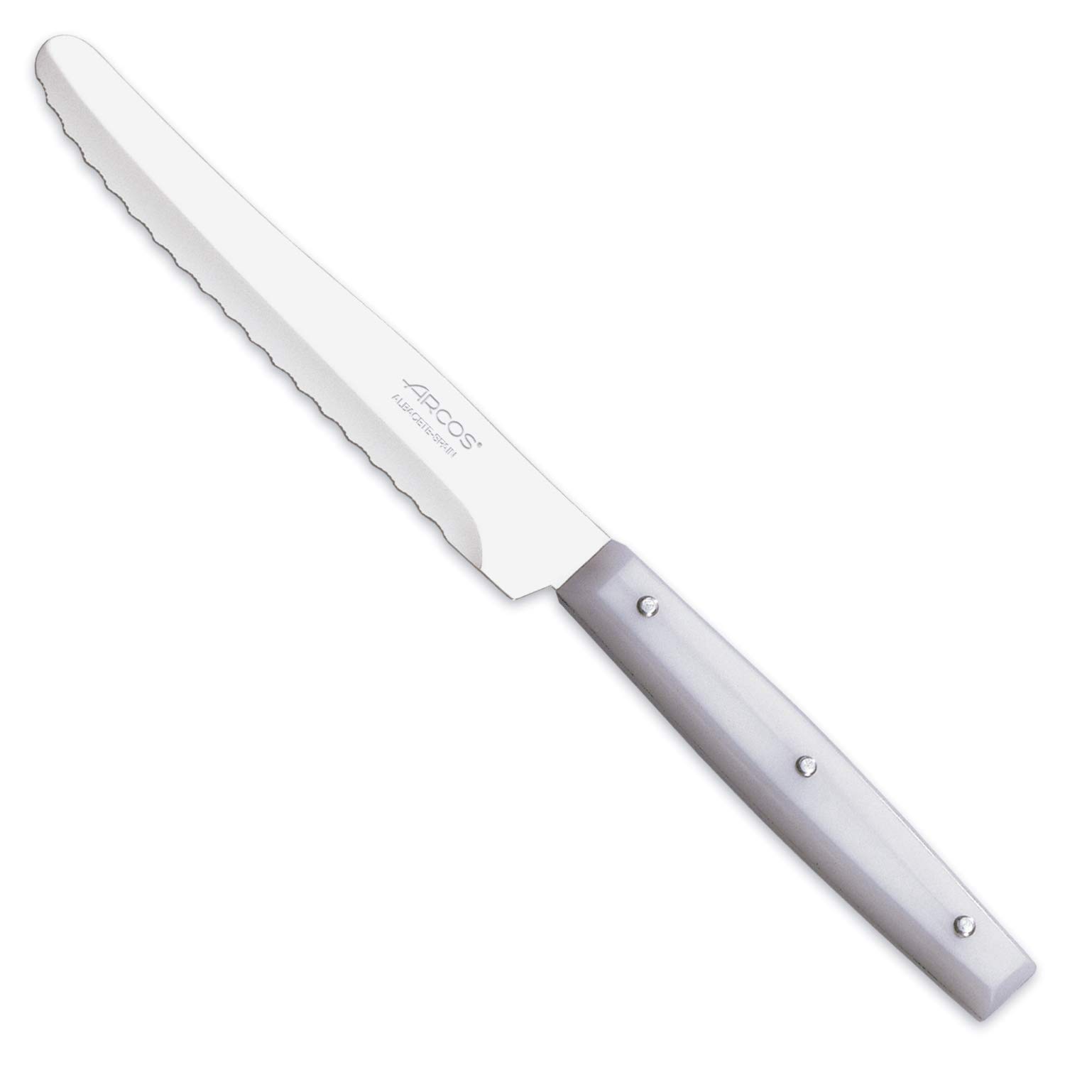 Arcos Serie Cuchillos de Mesa Caja 12 uds Cuchillo Postre, Hoja Serrada de Acero Inoxidable NITRUM de 110 mm, Mango de Nylon Color blanco (12 UDS)