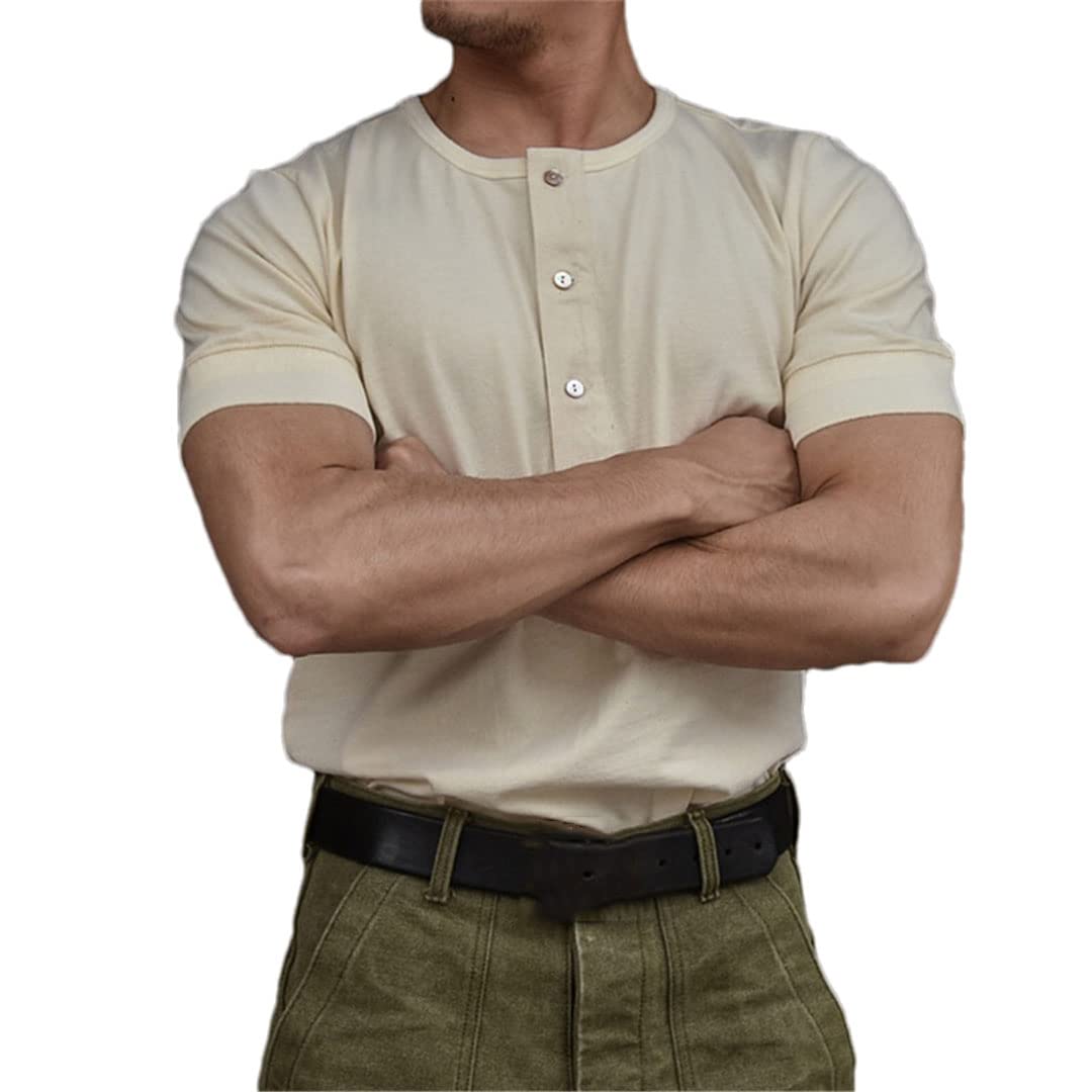 Maglietta da uomo con colletto Henley a maniche corte T-shirt a coste Casual Top, bianco, S