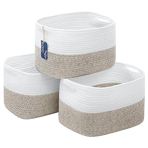 Image of 3 Pack Rope Baskets for Storage Basket, Cotton Rope Woven Basket with Handles. Blanket Basket for Storing Clothes, Toys, Books, Shelves etc, 15''L x 10''W x 9.5''H,Brown/Off White