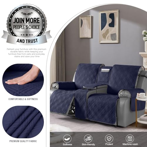 Image of TAOCOCO Polyester Loveseat Recliner Cover With Center Console, 100% Waterproof Pet For Dual Cup Holder, Split Reclining Furniture Pet&Kids Protector (2 Seater, Navy Blue)