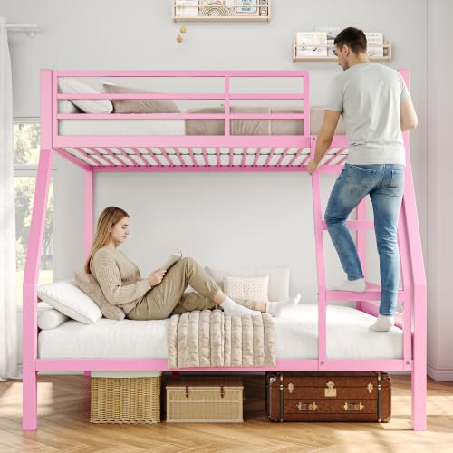 Image of iPormis Metal Bunk Bed Twin Over Full, Heavy Duty Bunk with High Guardrail and Safety Entrance Design, Under-Bed Storage Space, Easy Assembly, Noise Free, Pink