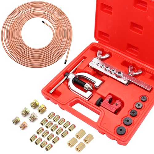 Eoppen 25 ft 3/16inch Copper Coated Brake Line Kit(Includes 24 Fittings and 4 Unions) with Double & Single Flaring Tool Kit