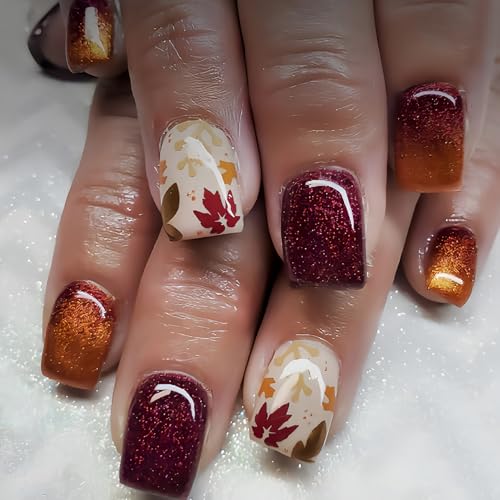 Fall Maple Leaf Press on Nails Short Square Fake Nails with Orange Gold Glitte Design Autumn Maple Leaves False Nail Thanksgiving Stick on Nail for Women 24 Pcs