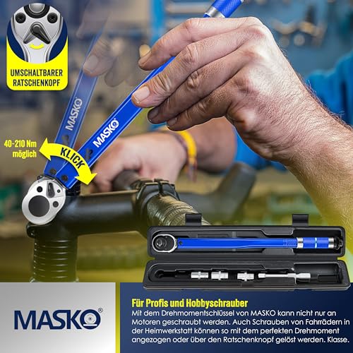 MASKO® Drehmomentschlüssel 6tlg. Set 40-210Nm 1/2' CV inkl. 3 Stecknüsse 17mm 19mm 21mm...