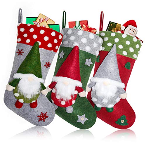 FUNSEED Christmas Gnome Stockings, 19 inch 3 Pack Swedish Tomte 3D Santa Gnomes Nordic Figurine Fireplace Hanging Stockings for Xmas Holiday Decoration