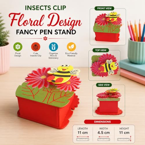 Image of GOLD LEAF Wooden Pen Stand with Photo Frame DIY Craft Kit for Kids, Multicolor Birthday Return Gifts, Desk Organizer, Paintable Wooden Pencil Holder, Pack of 6 (Insects)