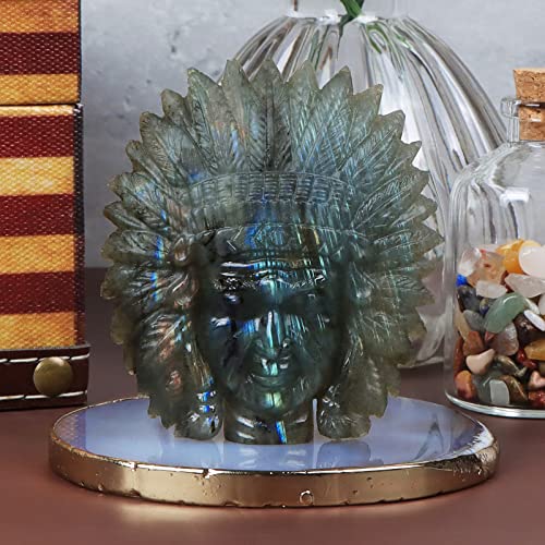 Smq 2.5" Labradorite Crystal Indian Chiefs Decor Skull Figurines,Hand Carved Native American Indian Chief Bust Head Statue Reiki Healing Stones Ornament For Home Office #TOP5