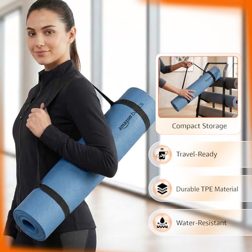 Image of Amazon Basics TPE Yoga & Exercise Mat | 6 mm Thick | Non-Slip Grippy Surface | Lightweight & Durable Rubber-Like Material | Floor Protection | Ideal for Yoga, Pilates, Stretching & Fitness | 180 x 61 cm | Dark Blue
