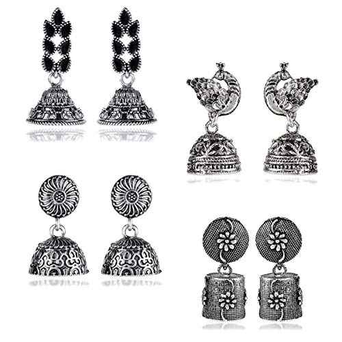 Image of Yellow Chimes Earrings for Women & Girls | Traditional Silver Oxidised Jhumka | German Silver Oxidized Drop Earring Set | Earrings Combo | Accessories Jewellery | Birthday & Anniversary Gift