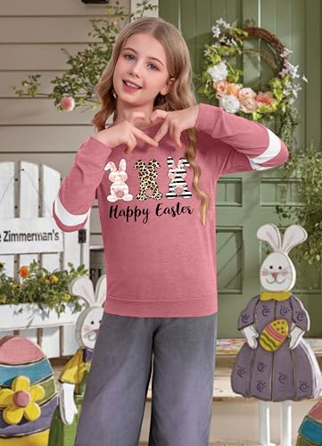 Image of Ithalt Kids Easter Shirts for Girls Cute Bunny Graphic Tshirt Easter Long Sleeve Tops 5-14y