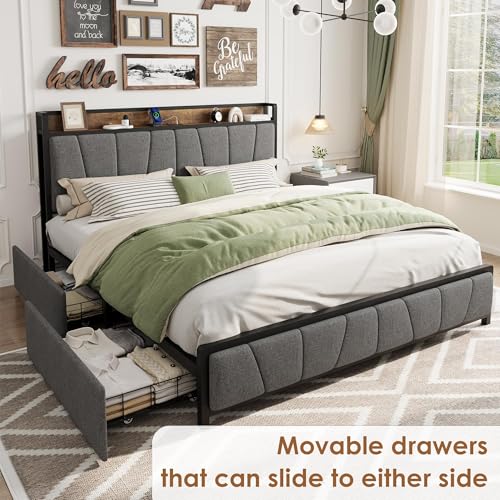 Image of King Size Bed Frame with 2 Storage Drawers and Charging Station, Rustic Linen Upholstered Platform Bedframe with Storage Headboard, No Box Spring Needed, Easy Assembly, Noise Free, Grey